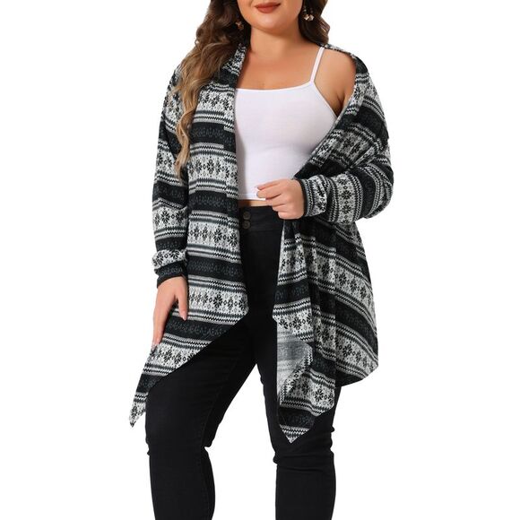 Plus Size Front Open Cardigan Lightweight Boho Striped Sweaters Black - Picture 2 of 6